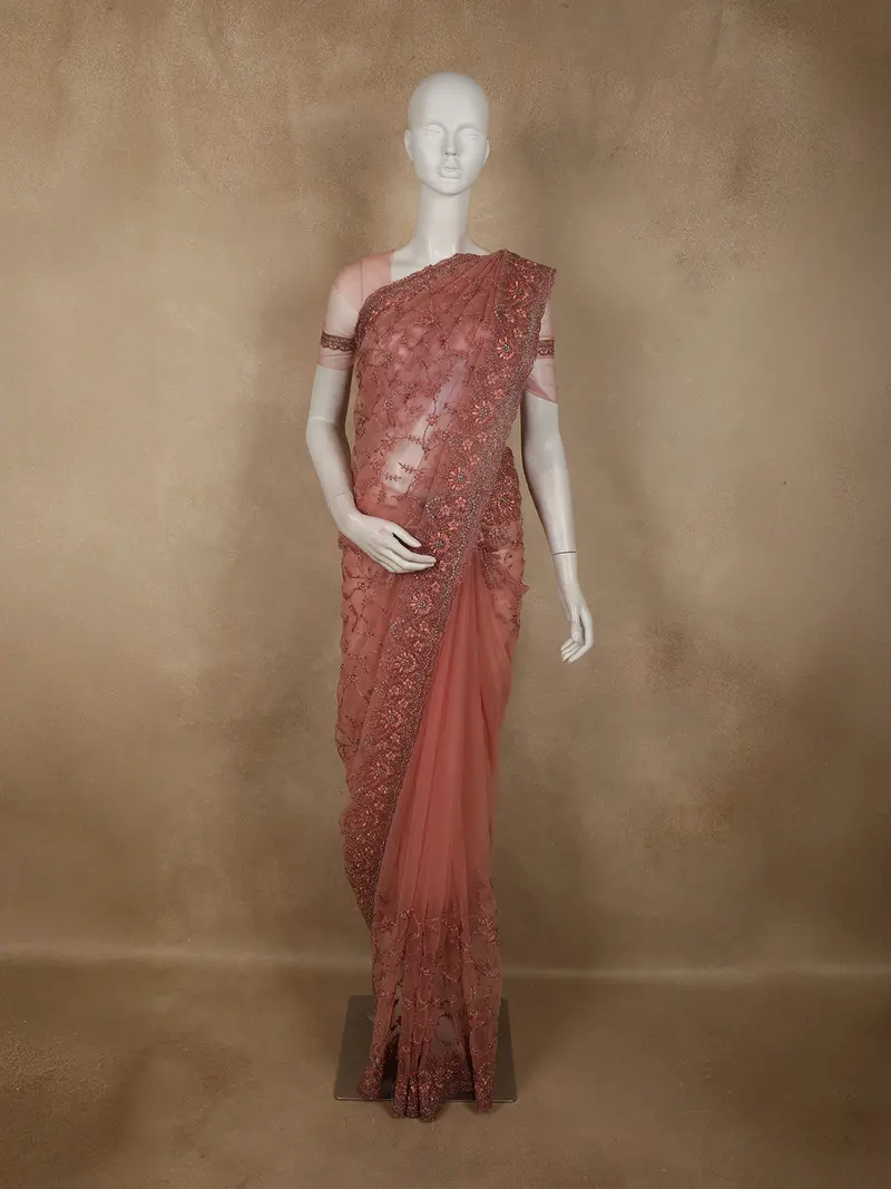 Light Peach Floral Embroidered Design Net Designer Saree 1