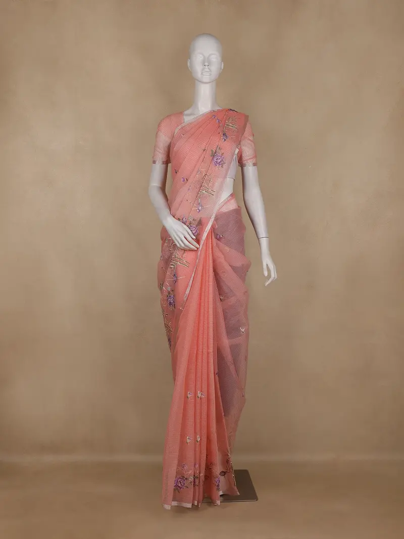 Light Peach Floral Embroidered Kota Cotton Saree 1