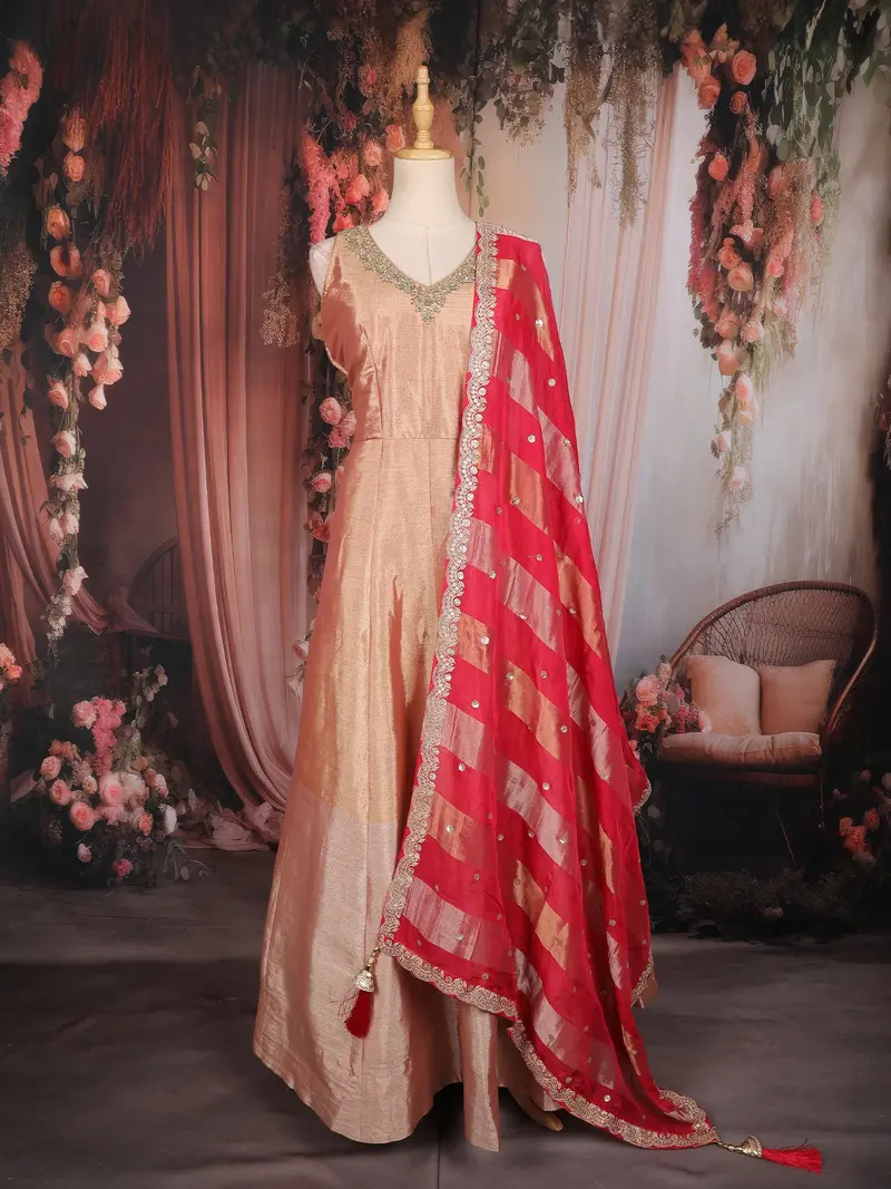 Light Peach Floral Embroidered Tissue Silk Gown With Dupatta 1