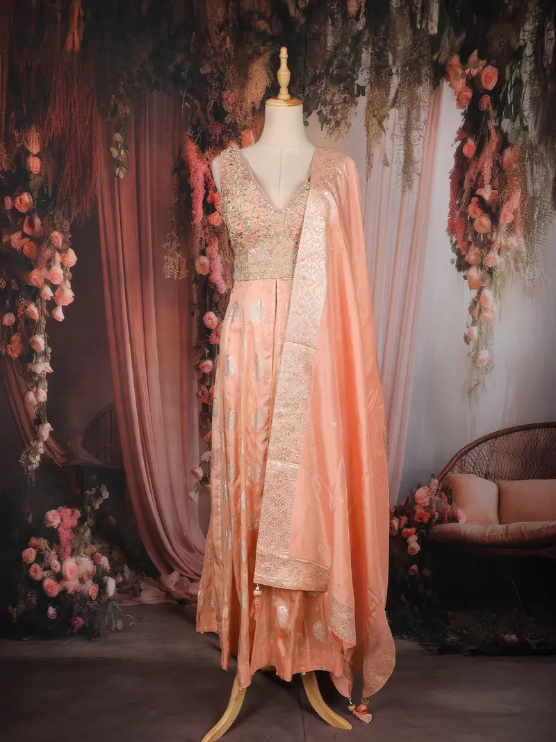 Light Peach Floral Embroidered Tissue Silk Palazzo Suit With Dupatta 1