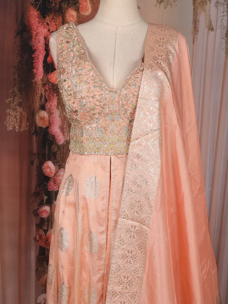 Light Peach Floral Embroidered Tissue Silk Palazzo Suit With Dupatta 2