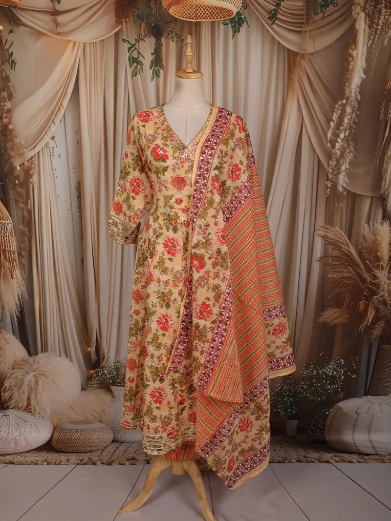 Light Peach Floral Printed Design Cotton Anarkali Salwar Suit With Dupatta 1