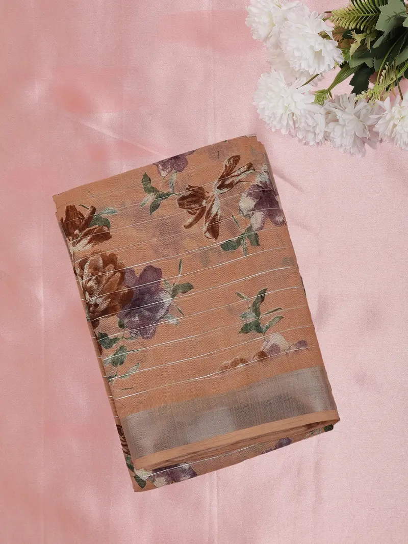 Light Peach Floral Printed Design Linen Cotton Saree 1