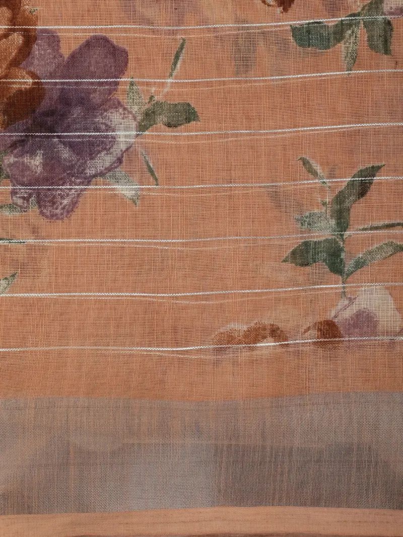 Light Peach Floral Printed Design Linen Cotton Saree 2