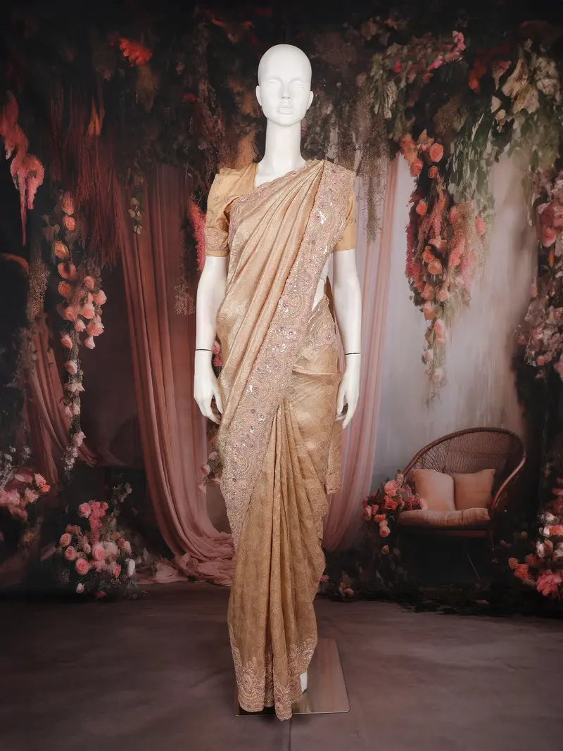 Light Peach Floral Sequin Embroidered Silk Saree 1