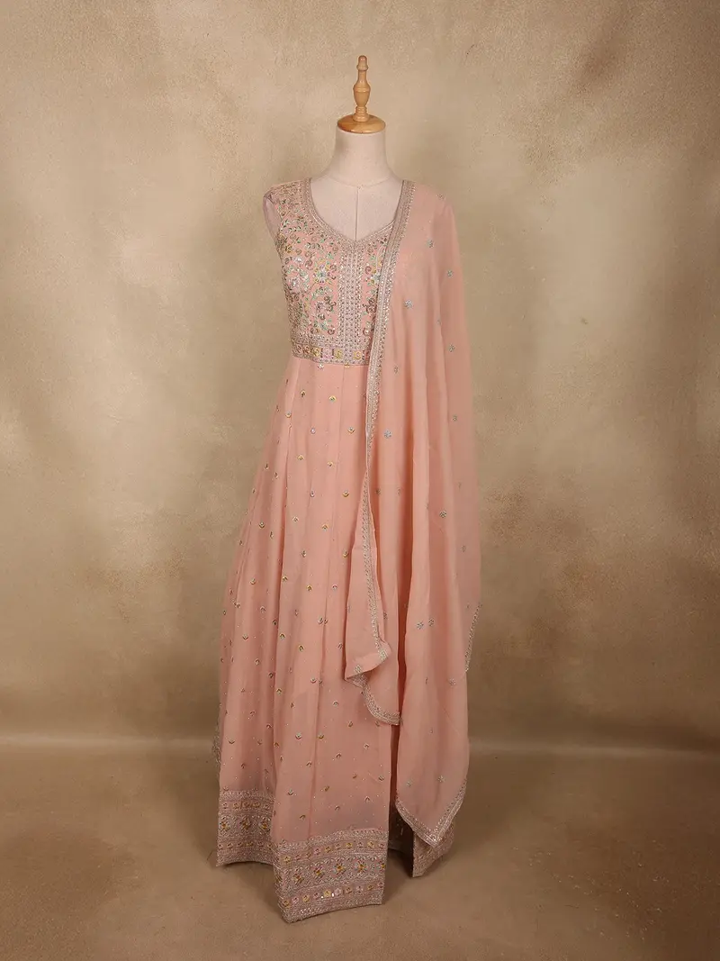 Light Peach Floral Thread And Sequins Embroidered Design Georgette Gown With Dupatta 1