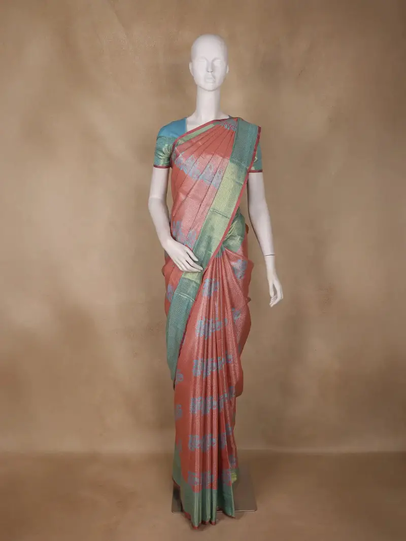Light Peach Floral Woven Design Art Silk Saree 1