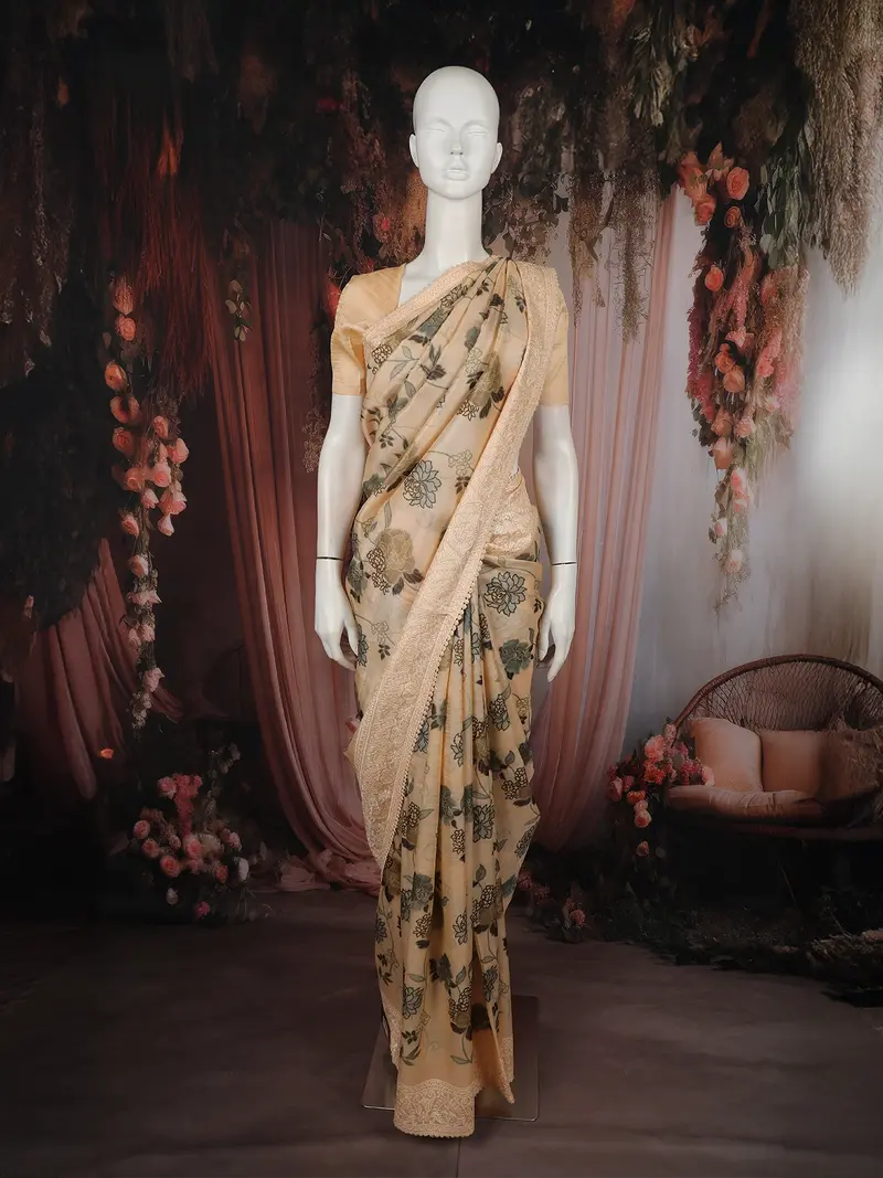 Light Peach Floral Woven Design Pure Tussar Saree With Designer Border 1