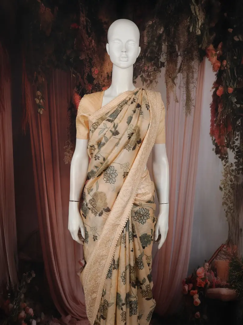 Light Peach Floral Woven Design Pure Tussar Saree With Designer Border 2