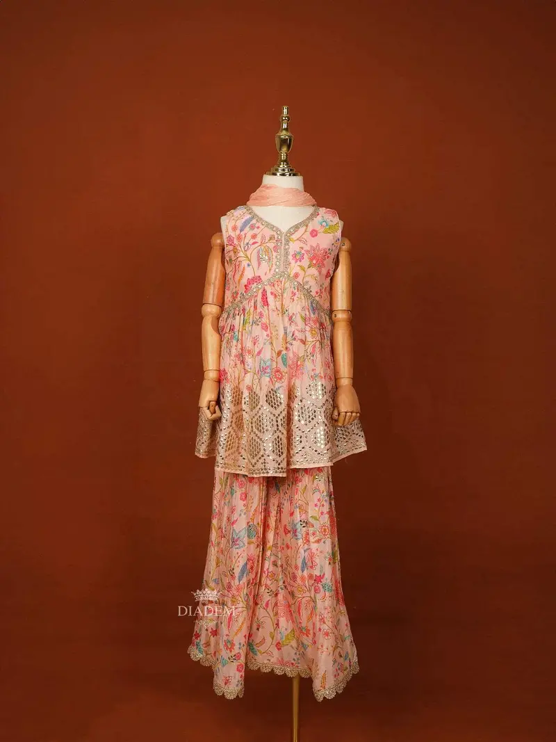 Light Peach Georgette Palazzo Salwar Suit Adorned With Floral Prints And Paired With Dupatta 1
