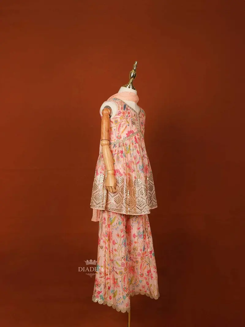 Light Peach Georgette Palazzo Salwar Suit Adorned With Floral Prints And Paired With Dupatta 2