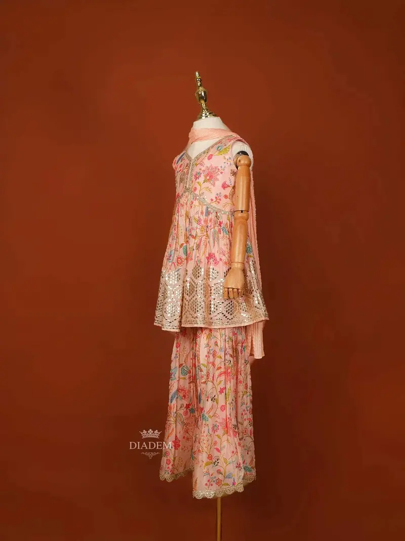 Light Peach Georgette Palazzo Salwar Suit Adorned With Floral Prints And Paired With Dupatta 3