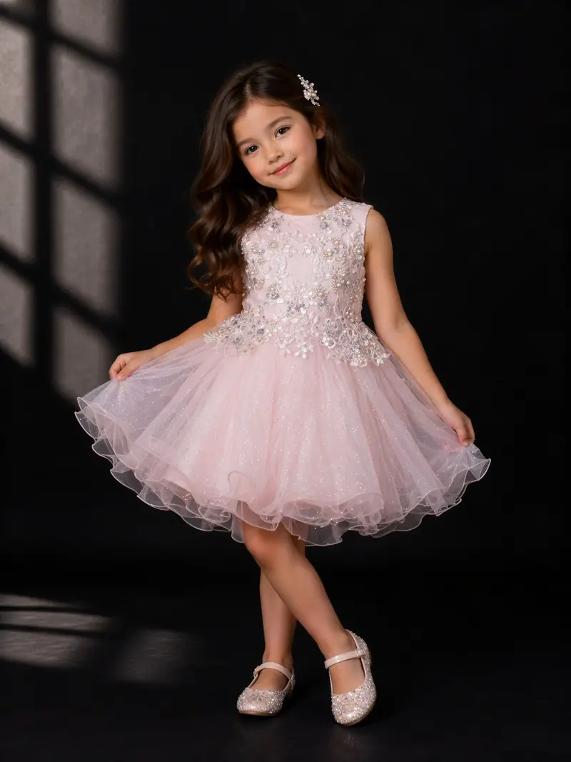 Light Peach Net Frock Embellished With Floral Laces And Pearl Beads 1