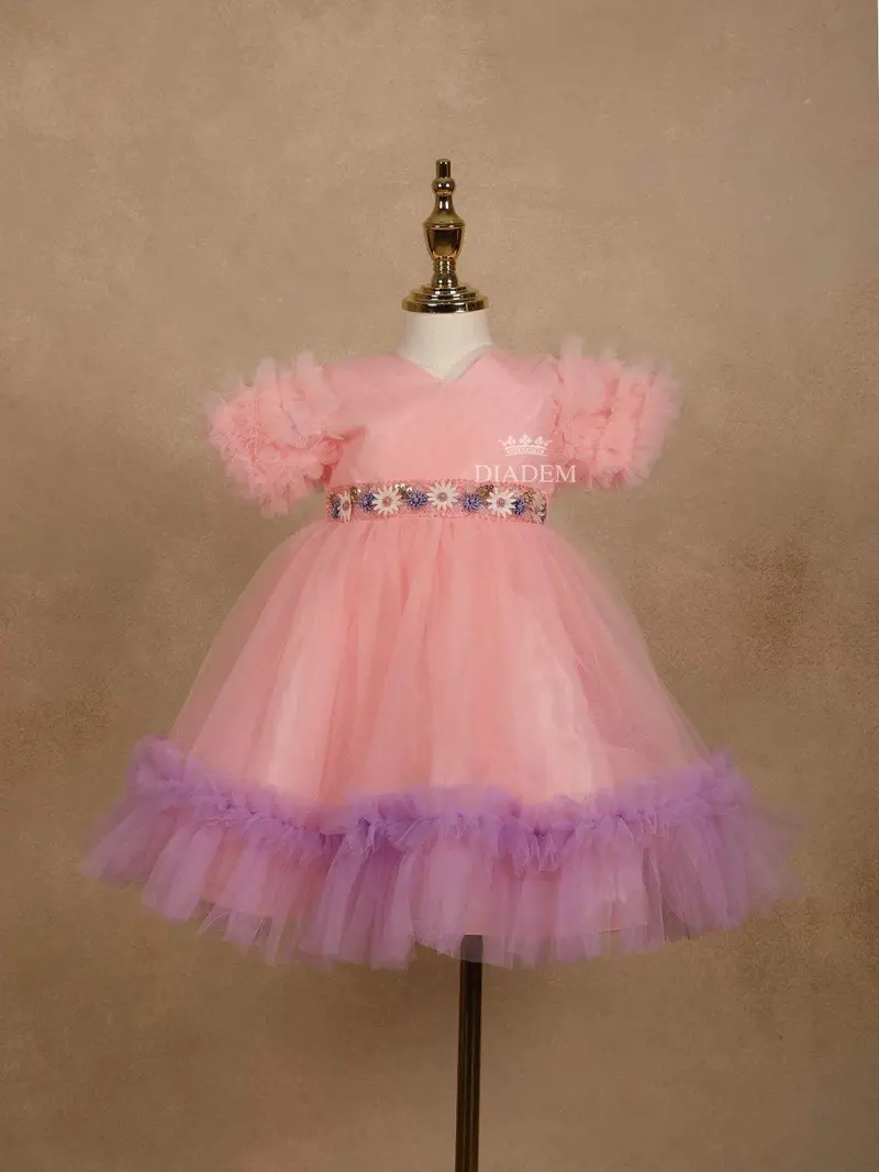 Light Peach Net Frock With Floral Beads And Ruffle Sleeves 1