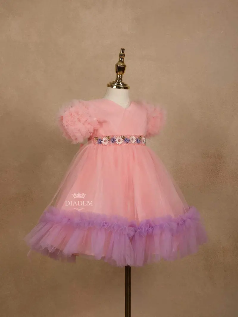 Light Peach Net Frock With Floral Beads And Ruffle Sleeves 2