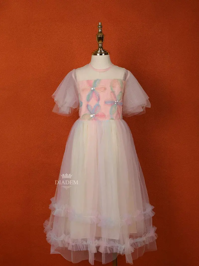 Light Peach Net Gown Adorned With Floral Threadwork 1
