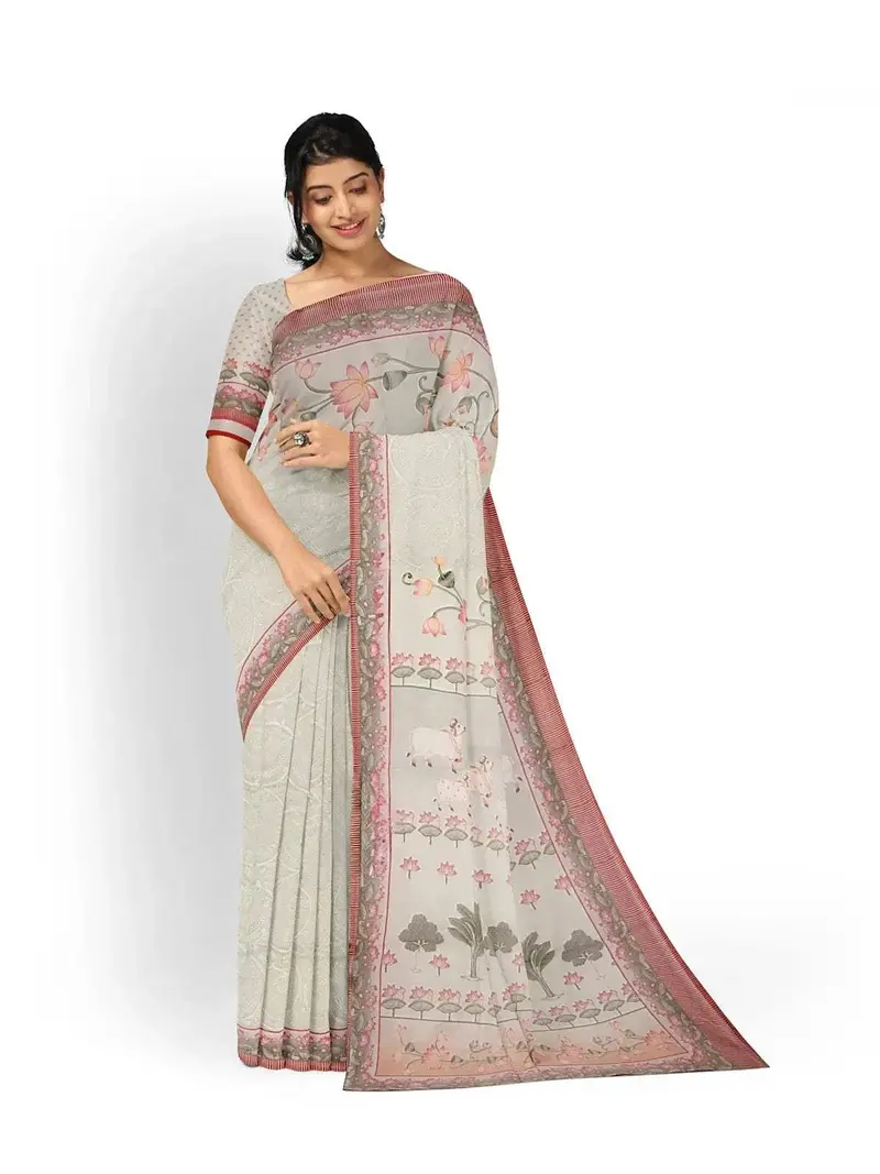 Light Peach Organza Saree With Floral Prints On The Body And Thread Work Embroidery Border 1