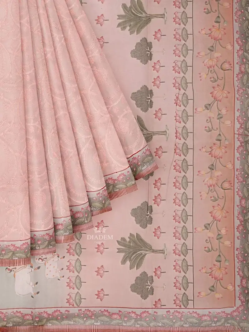 Light Peach Organza Saree With Floral Thread Work On The Body And Printed Border 1