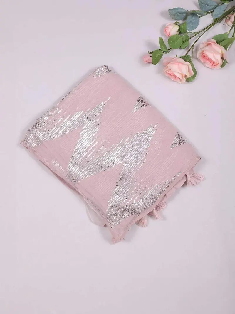 Light Peach Organza Saree With Sequins Designs On The Body And Embroidery Border 1