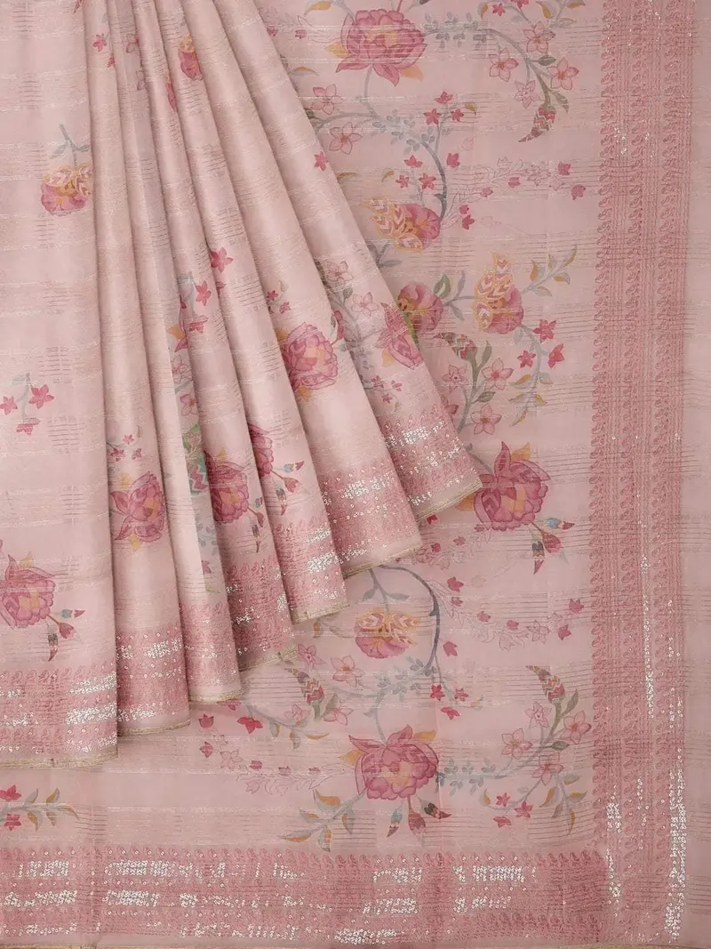 Light Peach Organza Silk Saree With Floral Prints On The Body And Embroidery Border 1