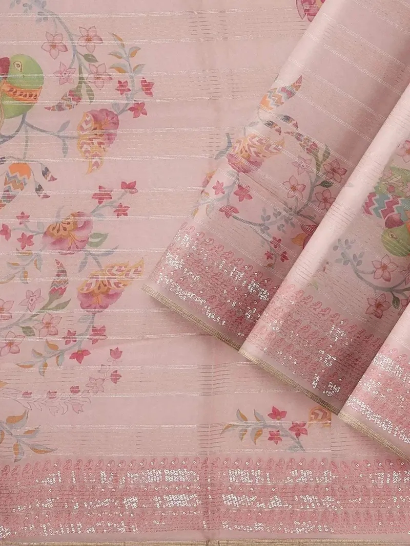 Light Peach Organza Silk Saree With Floral Prints On The Body And Embroidery Border 2