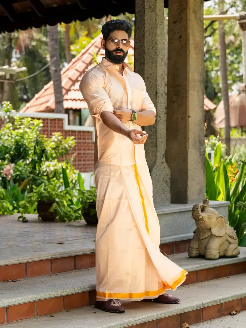 Light Peach Plain Semi Silk Full-Sleeve Shirt With Matching Dhoti Set 1