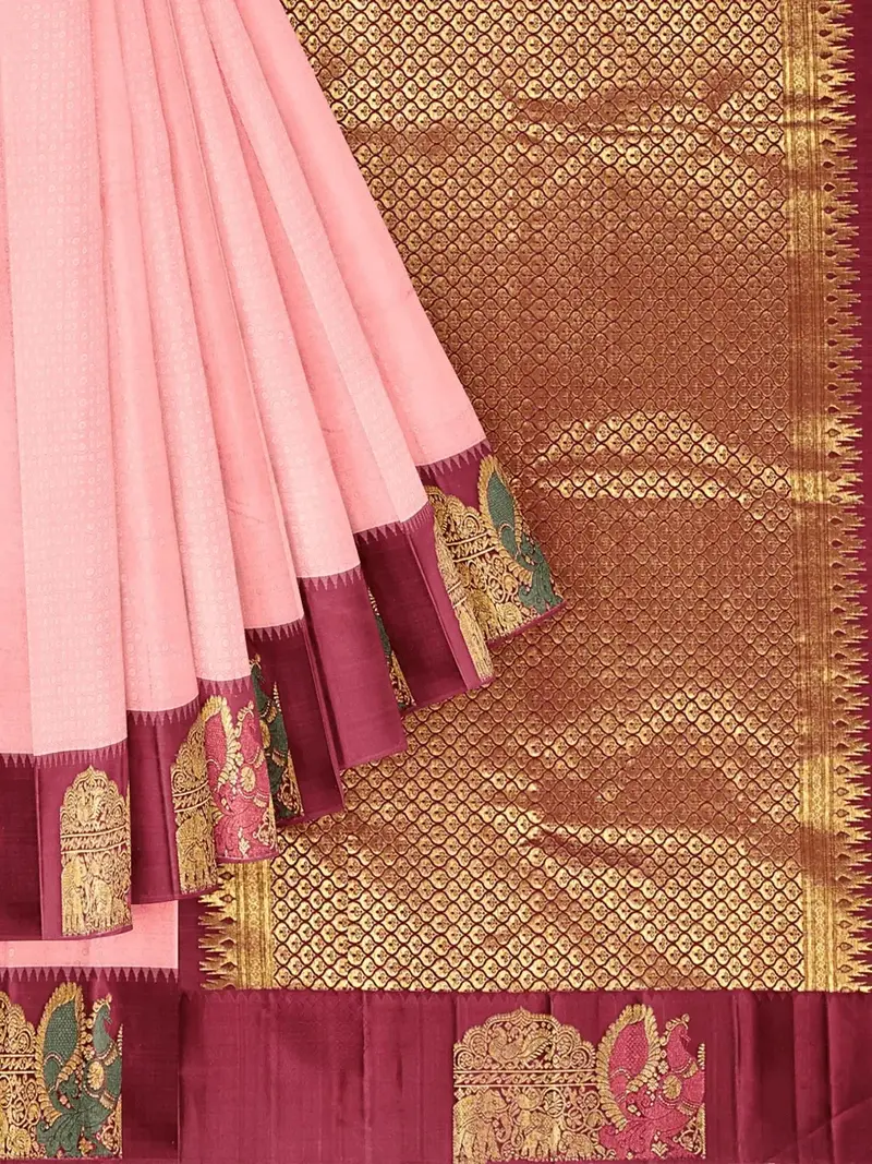 Light Peach Pure Kanchipuram Bridal Silk Saree With Zari Brocade On The Body And Contrast Zari Border 1