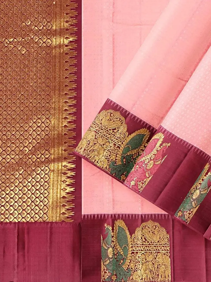 Light Peach Pure Kanchipuram Bridal Silk Saree With Zari Brocade On The Body And Contrast Zari Border 2