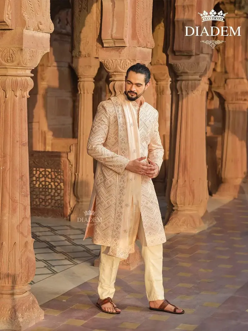 Light Peach Rose Raw Silk Sherwani Suit With Thread Work Embroidery Paired With Dupatta 1
