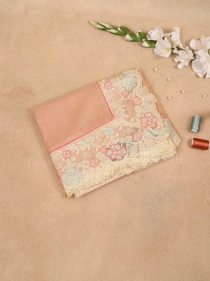 Light Peach Semi Banarasi Saree With Plain Body And Floral Embroidery Border 1