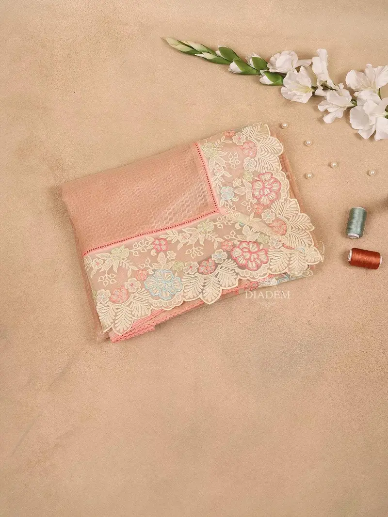 Light Peach Semi Banarasi Saree With Plain Body And Floral Embroidery Border 1