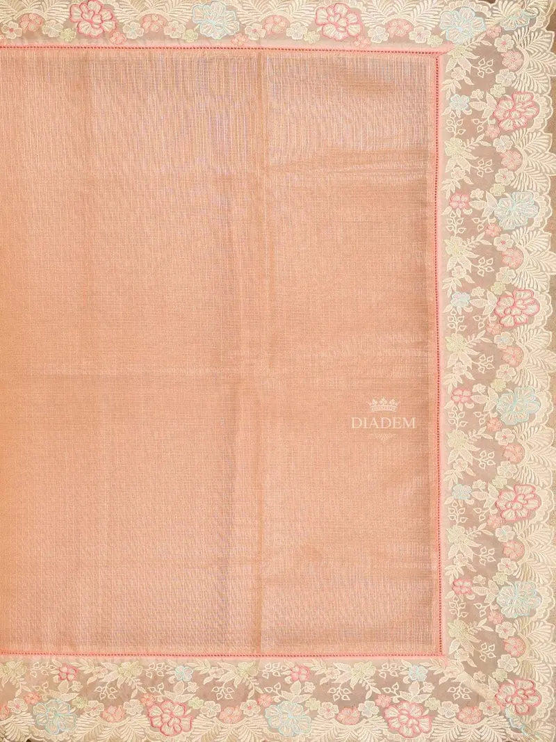Light Peach Semi Banarasi Saree With Plain Body And Floral Embroidery Border 2