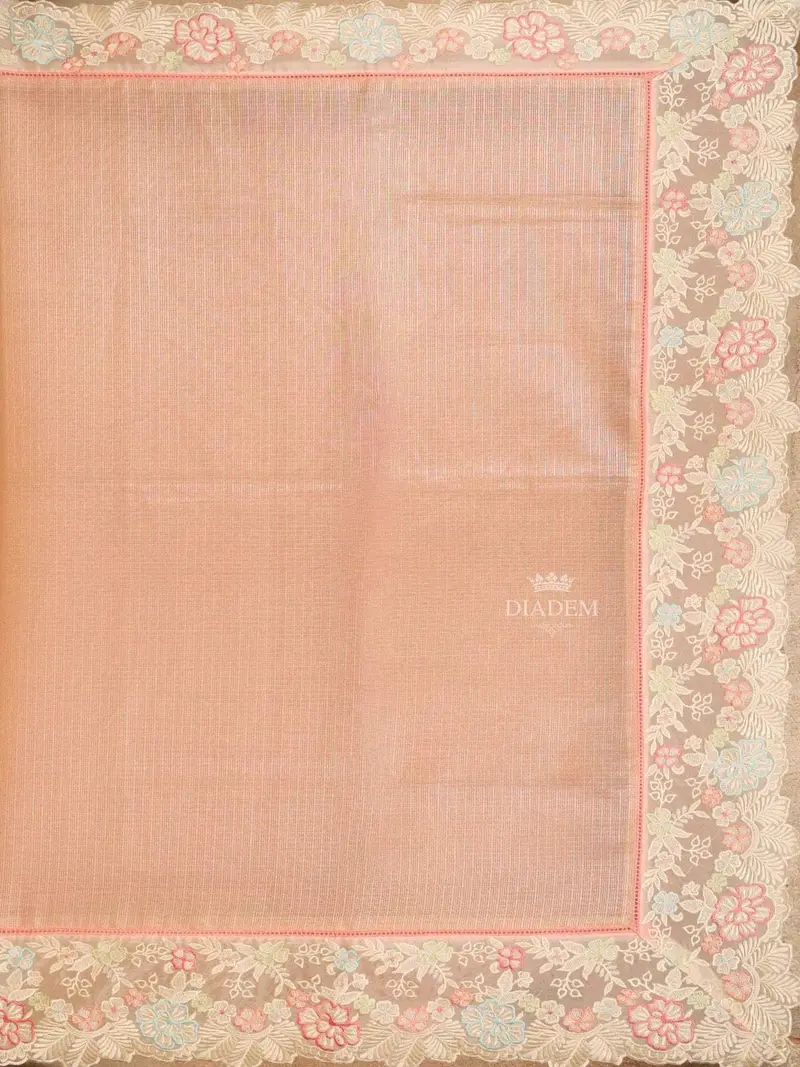 Light Peach Semi Banarasi Saree With Plain Body And Floral Embroidery Border 2