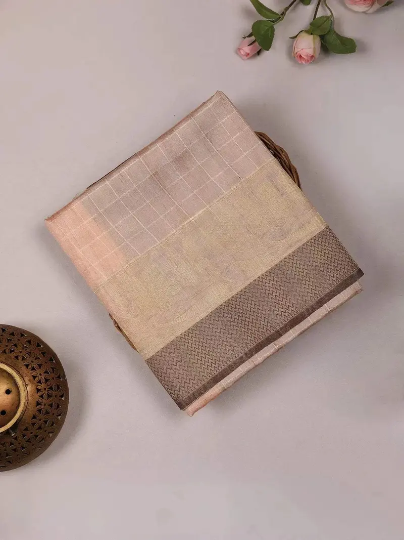 Light Peach Semi Tussar Silk Saree With Checks And Floral Design On The Body With Border 1