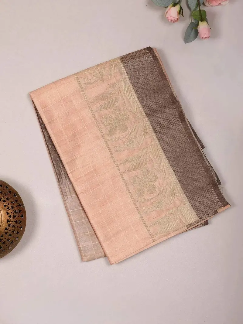 Light Peach Semi Tussar Silk Saree With Checks And Floral Design On The Body With Border 2
