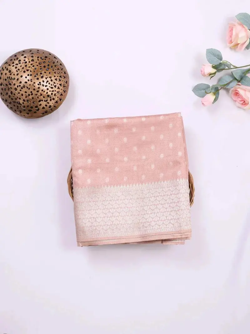 Light Peach Semi Tussar Silk Saree With Dot Design On The Body With Designed Border 1