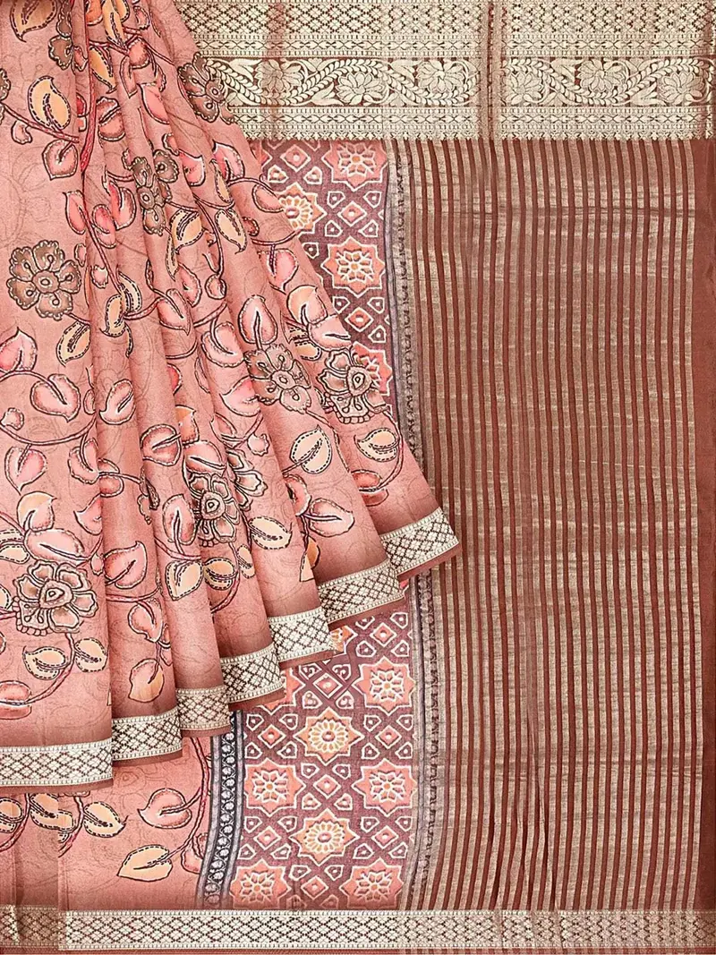 Light Peach Semi Tussar Silk Saree With Floral Prints On The Body And Contrast Zari Border 1
