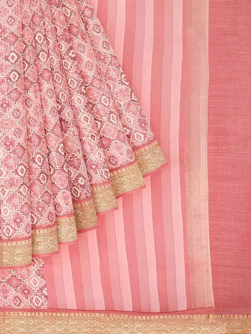 Light Peach Semi Tussar Silk Saree With Printed Design And Contrast Zari Border 1
