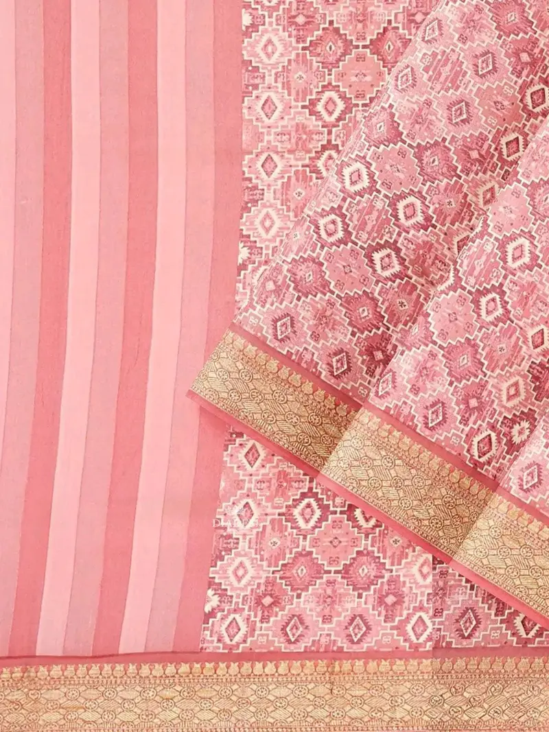 Light Peach Semi Tussar Silk Saree With Printed Design And Contrast Zari Border 2