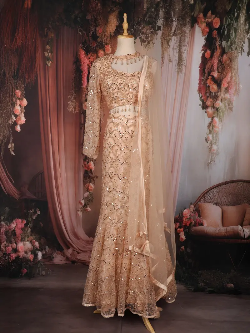 Light Peach Sequins Embroidered Net Mermaid Lehenga Set With One-Sleeve Choker Blouse 1