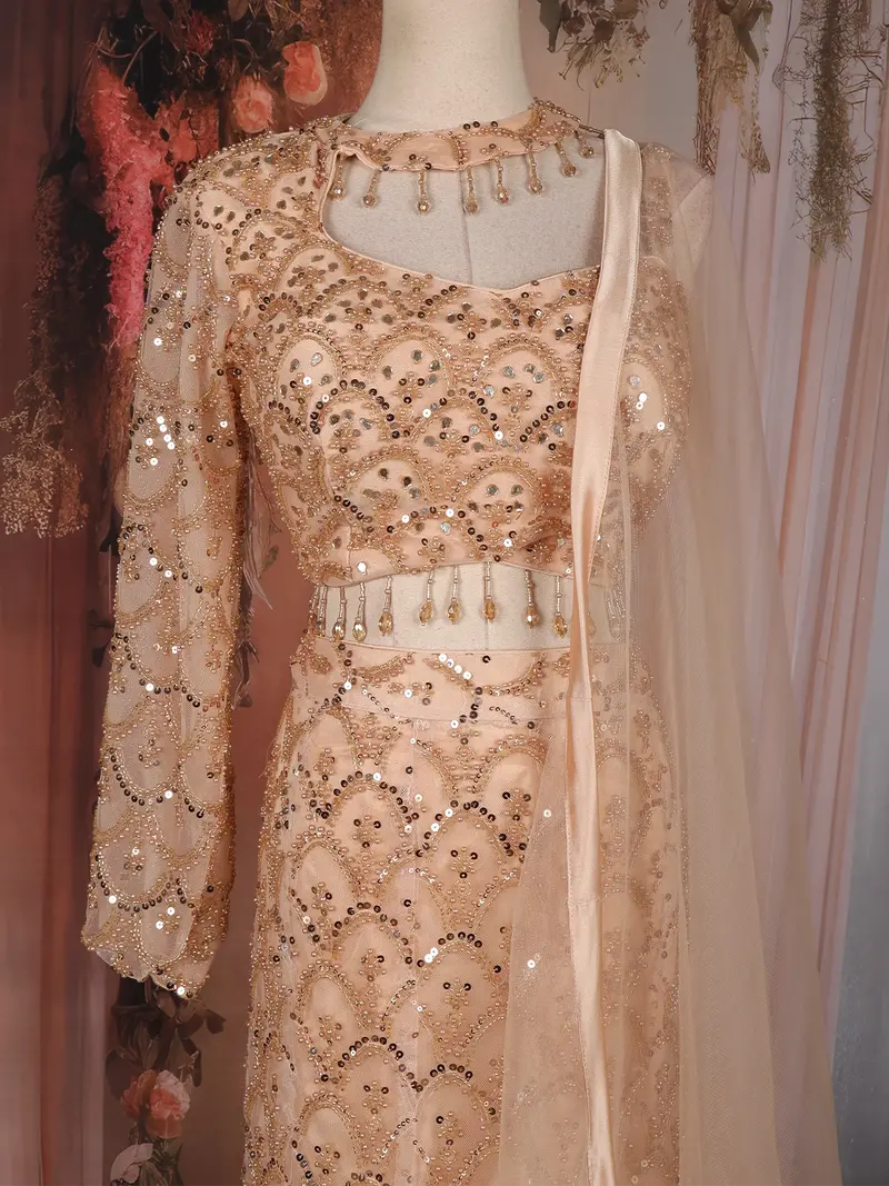 Light Peach Sequins Embroidered Net Mermaid Lehenga Set With One-Sleeve Choker Blouse 2