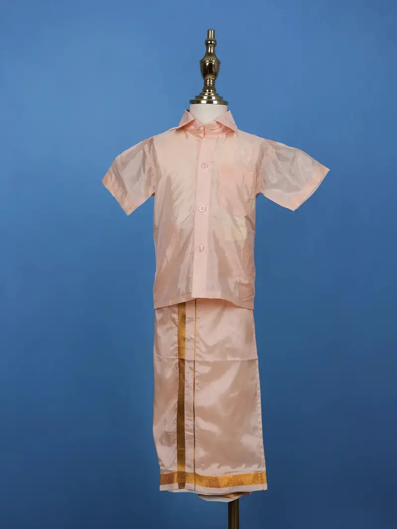 Light Peach Silk Dhoti Shirt Set For Boys 1