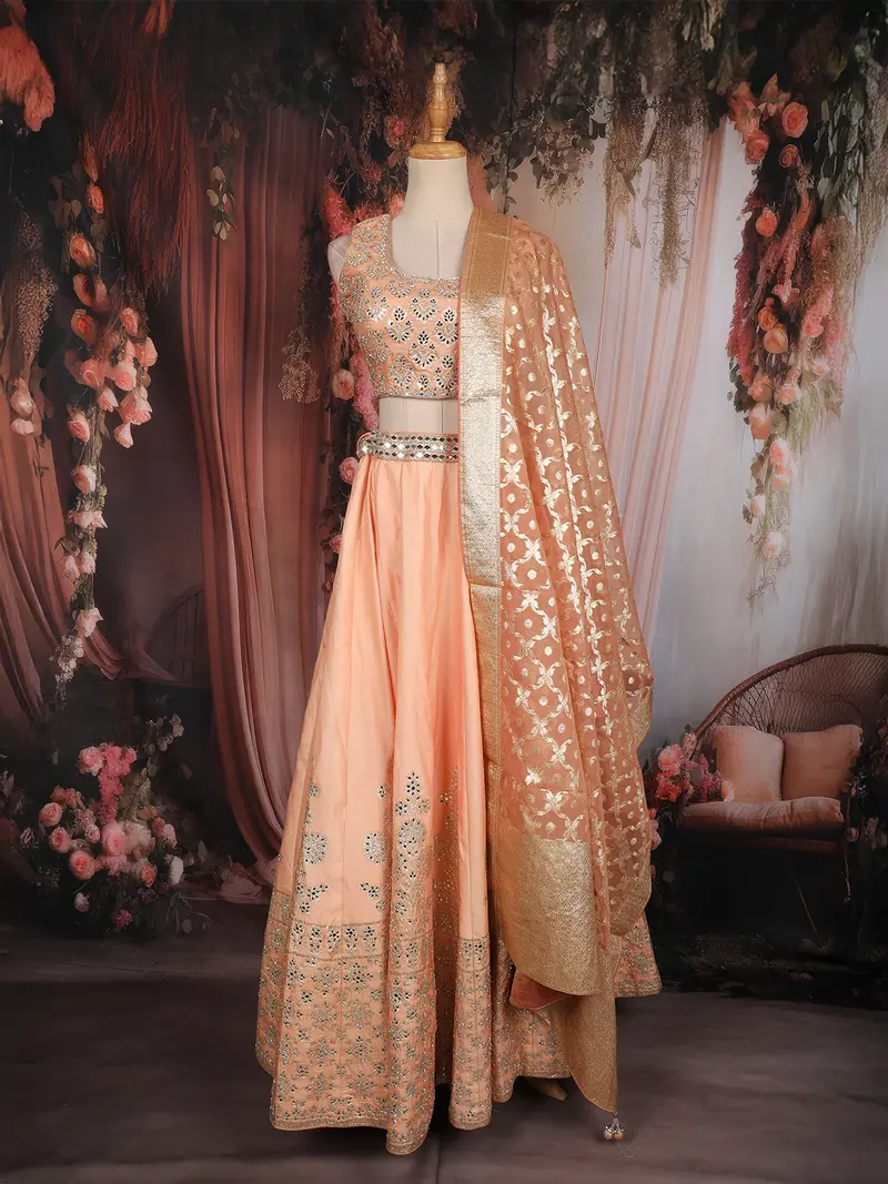 Light Peach Silver Zari Woven Design And Mirror Work Banarasi Silk Designer Lehenga With Dupatta 1