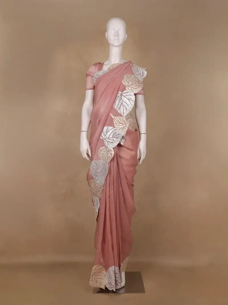 Light Peach Solid Design Georgette Saree 1