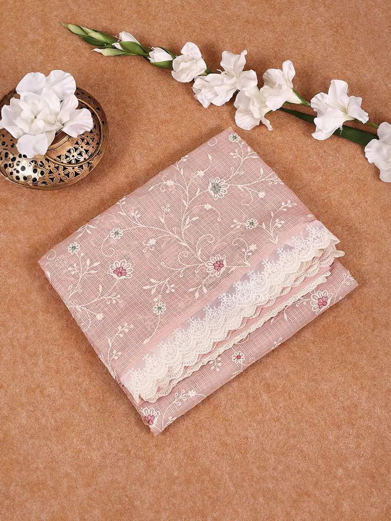 Light Peach Tissue Banarasi Saree With Chikankari Work On The Body And Floral Lace Border 1