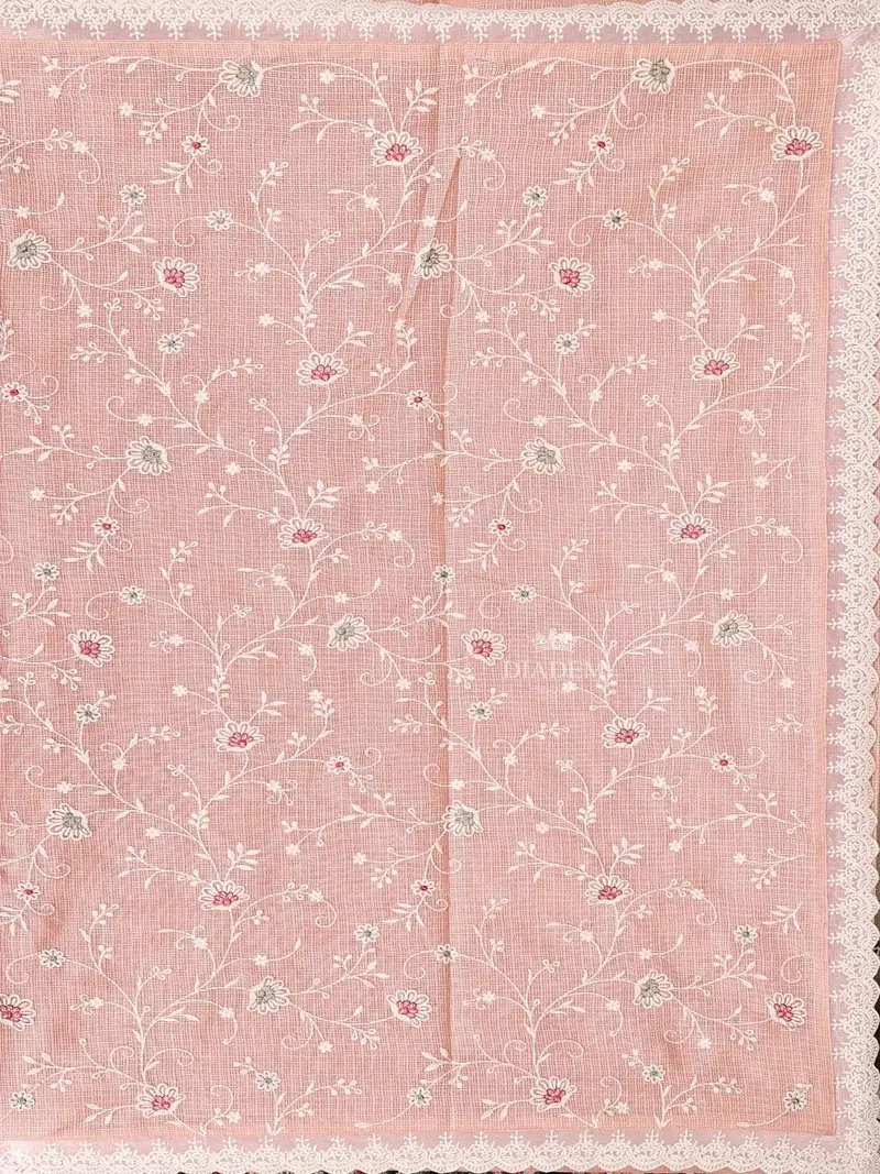 Light Peach Tissue Banarasi Saree With Chikankari Work On The Body And Floral Lace Border 2