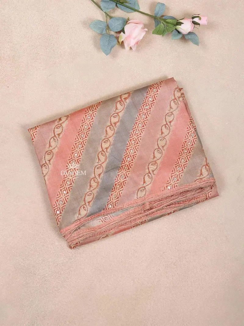 Light Peach Tussar Silk Saree With Stripes On The Body And Without Border 1
