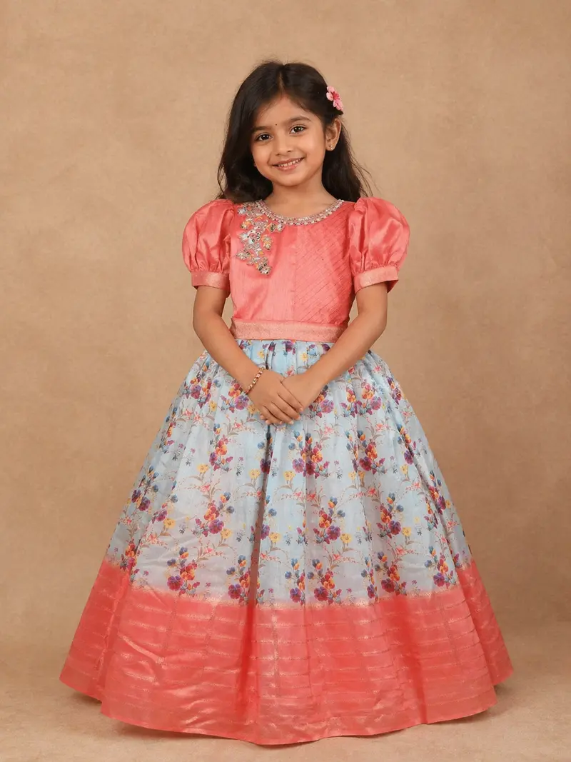 Light Peach With Blue Silk Gown Adorned With Floral Prints And Embroidery 1