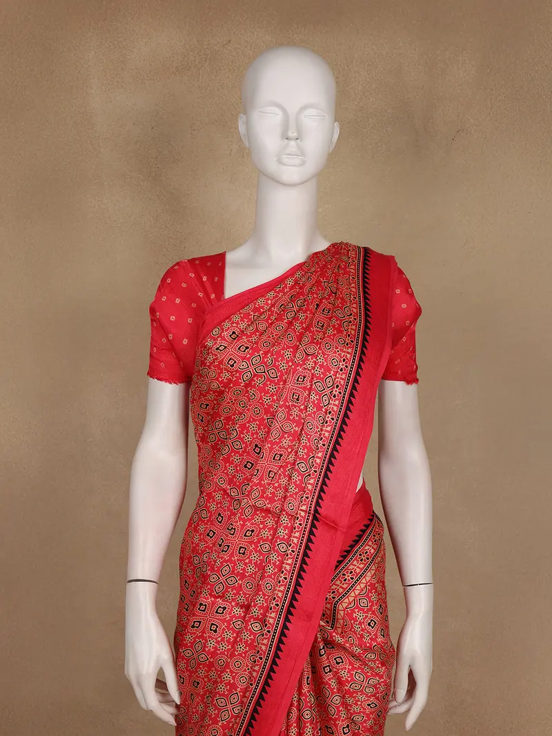 Light Pink Ajrakh Print Mul Mul Cotton Saree 2