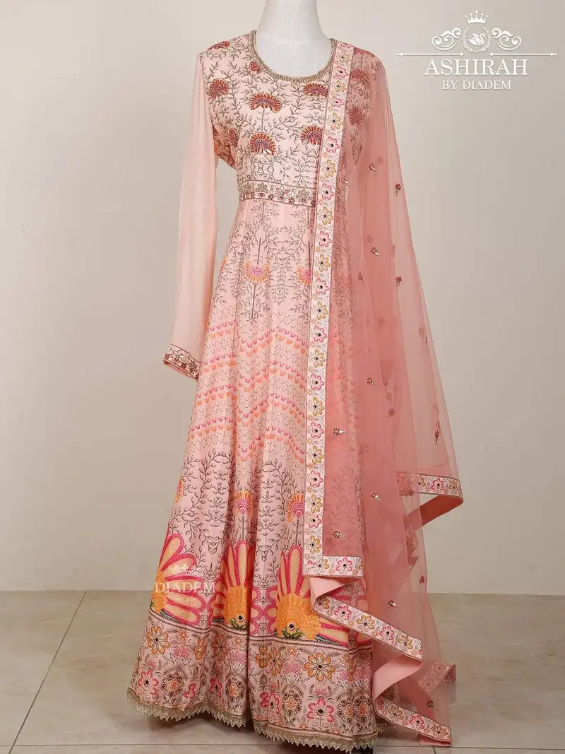 Light Pink Anarkali Salwar Suit Embellished In Floral Embroideries With Dupatta 1